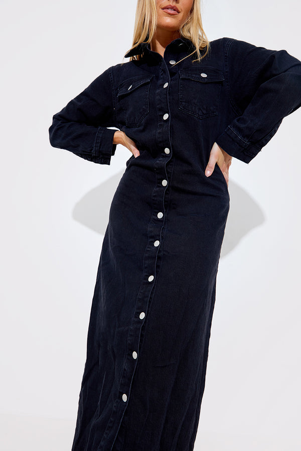 In The Style In The Style Long Sleeve Denim Maxi Dress Black