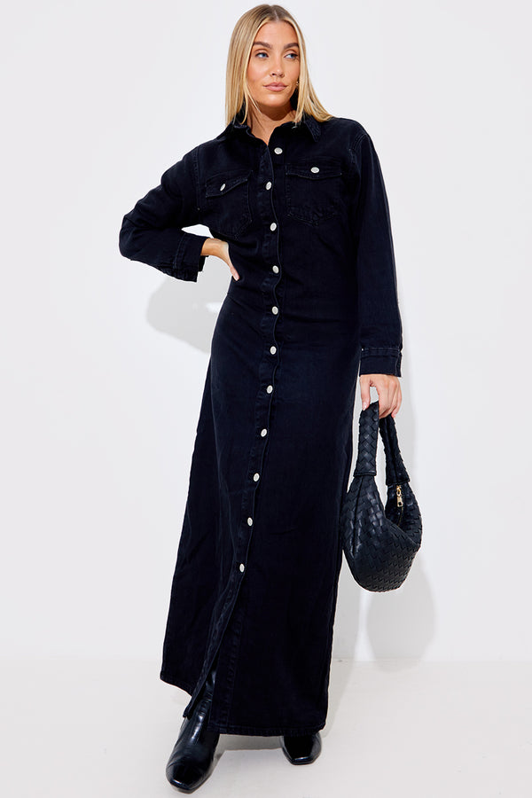 in the style In The Style Long Sleeve Denim Maxi Dress Black