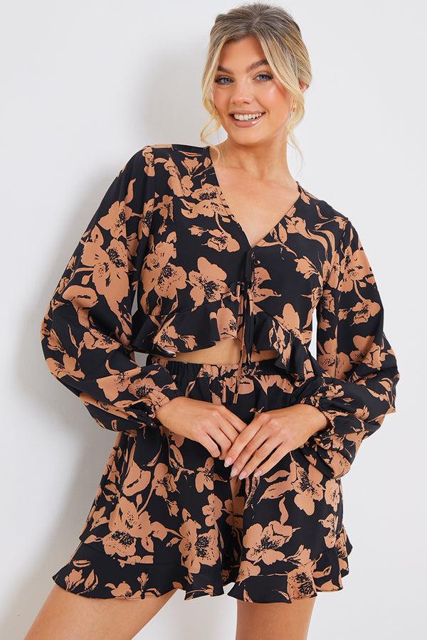 In The Style In The Style Long Sleeve Frill Co-Ord Crop Blouse Brown