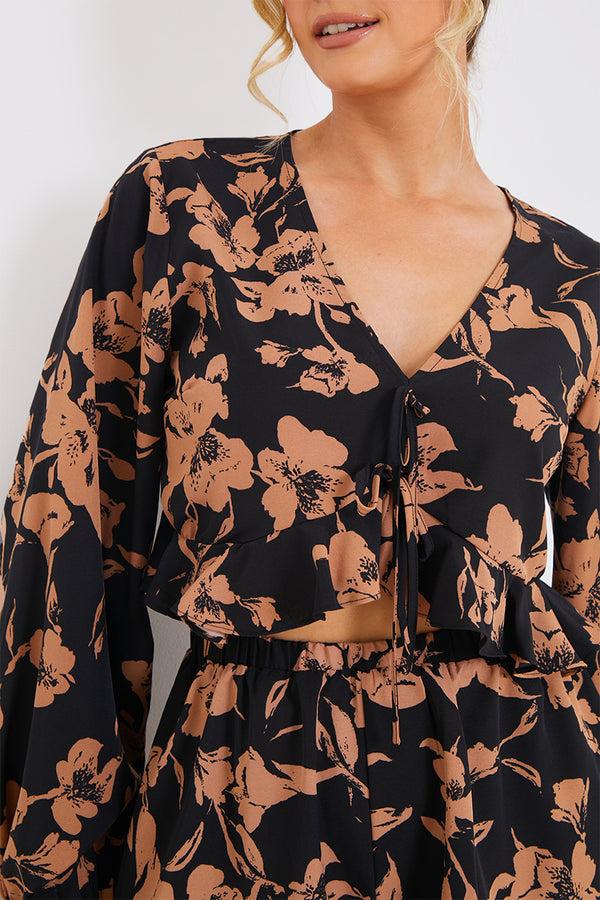 In The Style In The Style Long Sleeve Frill Co-Ord Crop Blouse Brown