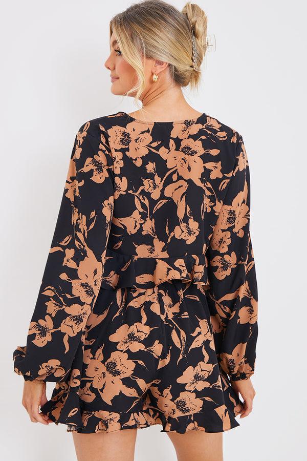 In The Style In The Style Long Sleeve Frill Co-Ord Crop Blouse Brown