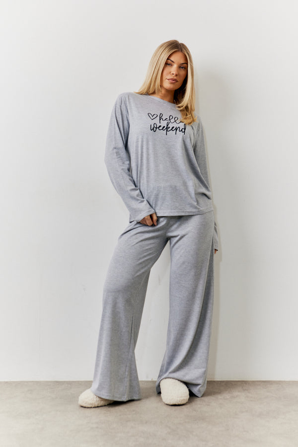 in the style In The Style Long Sleeve Top and Trouser Slogan PJ Set Grey