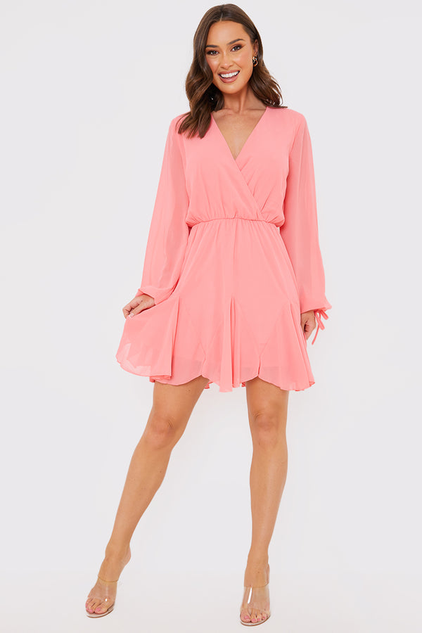 In The Style In The Style Long Sleeve Wrap Mini Dress Pink