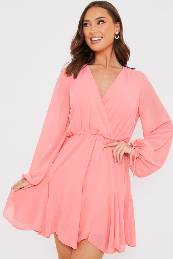 in the style In the Style Long Sleeve Wrap Mini Dress Pink