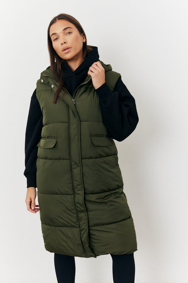 In The Style In The Style Longline Hooded Puffer Gilet Khaki
