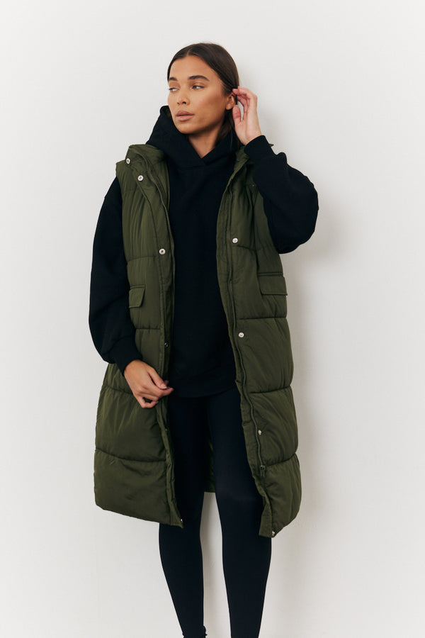 In The Style In The Style Longline Hooded Puffer Gilet Khaki