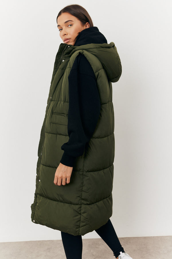 In The Style In The Style Longline Hooded Puffer Gilet Khaki