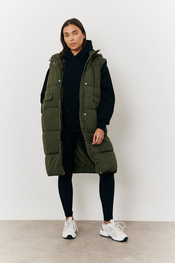 in the style In The Style Longline Hooded Puffer Gilet Khaki