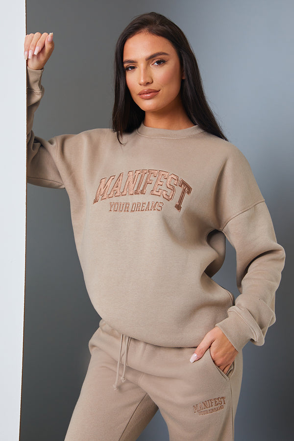 in the style In the Style Manifest Your Dreams' Slogan Sweater Beige