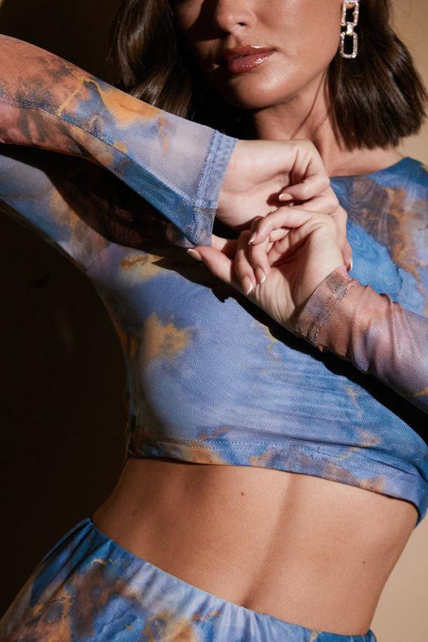 In The Style In The Style Marble Print Long Sleeve Co-Ord Top Blue