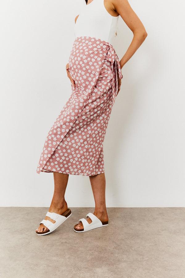 In The Style In The Style Maternity Floral Print Wrap Front Midi Skirt Pink