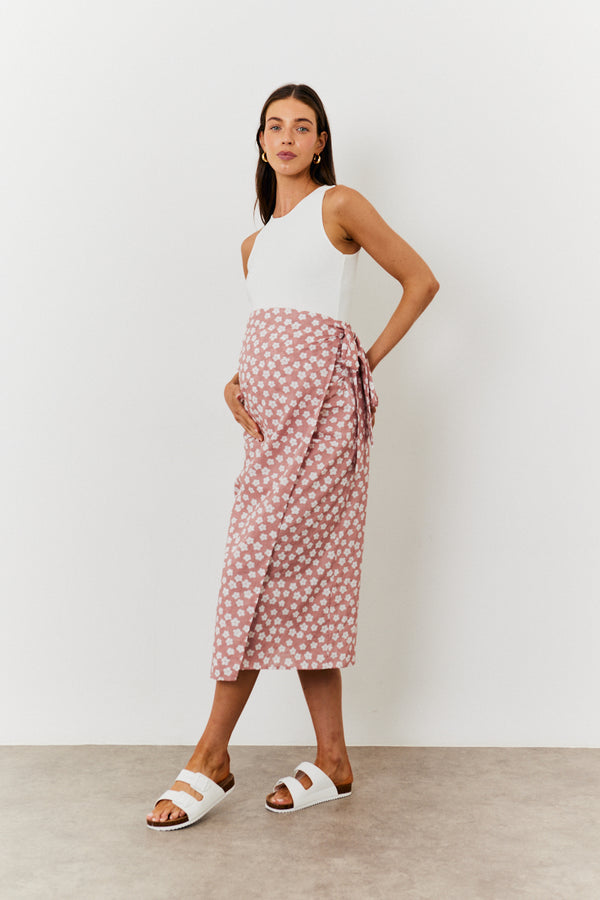 in the style In the Style Maternity Floral Print Wrap Front Midi Skirt Pink