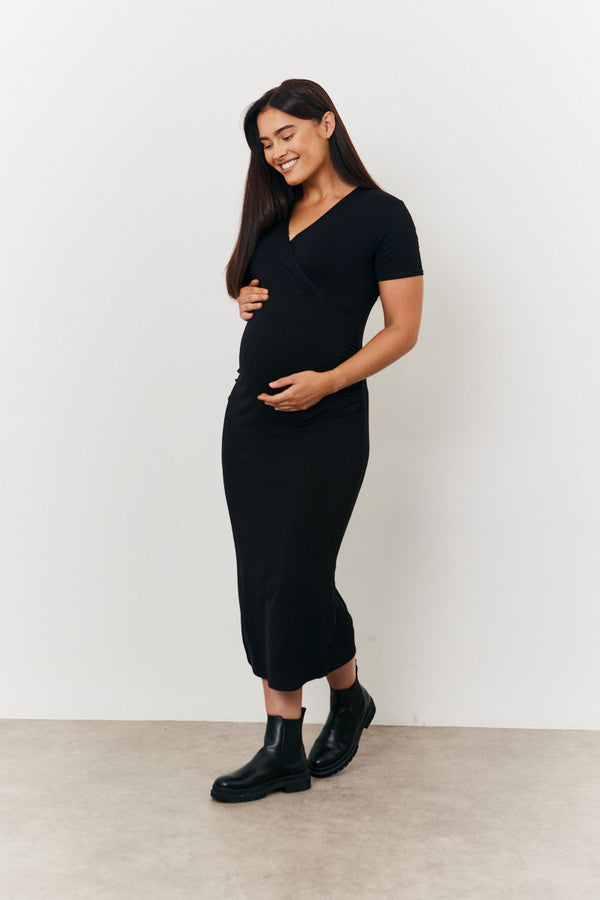 in the style In the Style Maternity Short Sleeve Midi Wrap Dress Black
