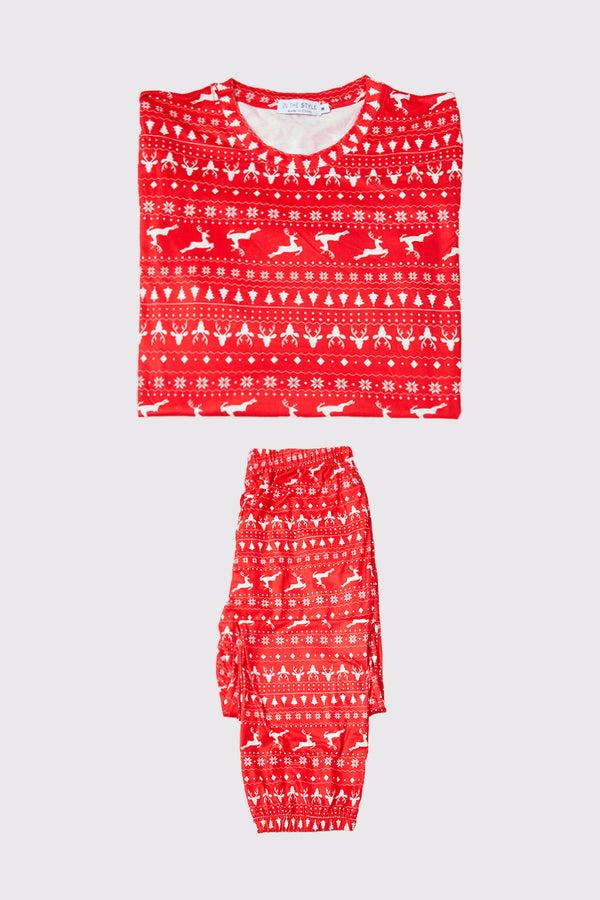 in the style In the Style Mens Reindeer Fairisle Matching Family PJ Set Red