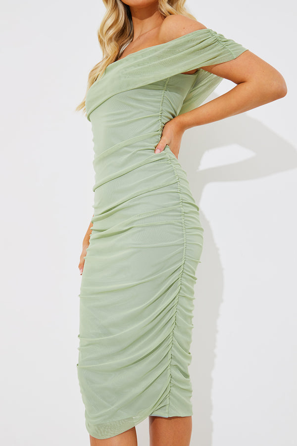 In The Style In The Style Mesh Bardot Ruched Midi Dress Sage