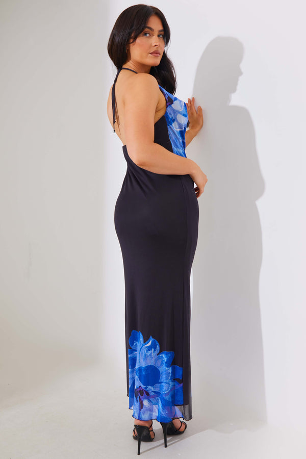 In The Style In The Style Mesh Floral Halterneck Cowl Maxi Dress Navy