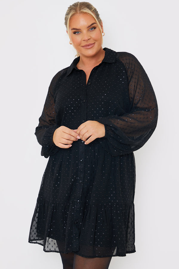 In The Style In The Style Metallic Dobby Collared Smock Dress Black