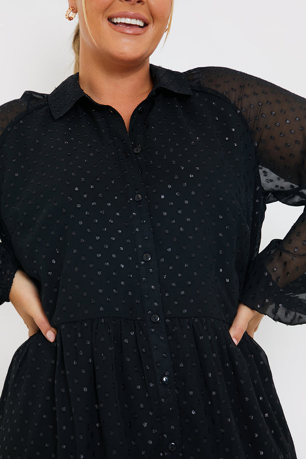 In The Style In The Style Metallic Dobby Collared Smock Dress Black