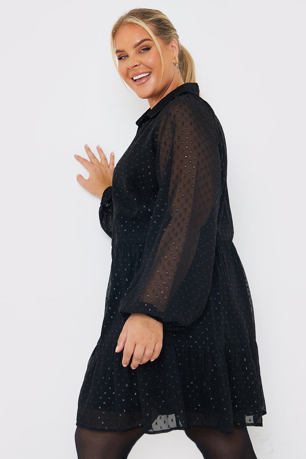 In The Style In The Style Metallic Dobby Collared Smock Dress Black