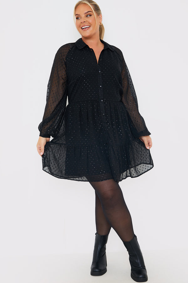 in the style In the Style Metallic Dobby Collared Smock Dress Black