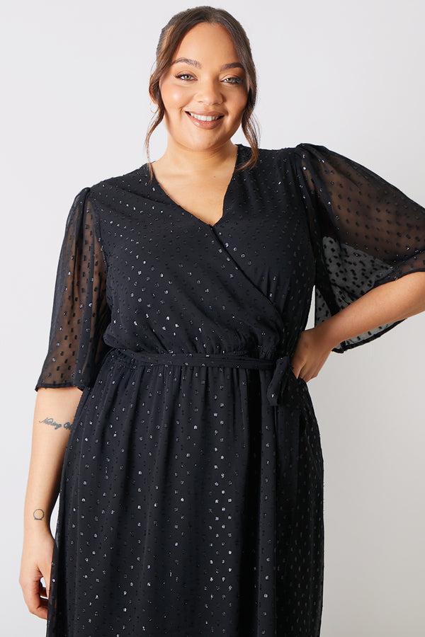 In The Style In The Style Metallic Dobby Wrap Midaxi Dress With Flutter Sleeves Black