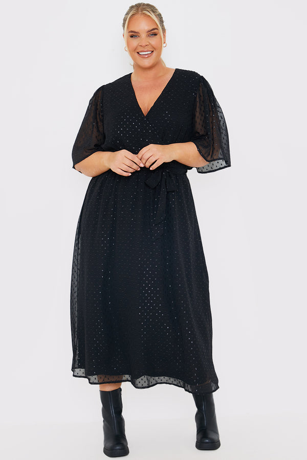 In The Style In The Style Metallic Dobby Wrap Midaxi Dress With Flutter Sleeves Black