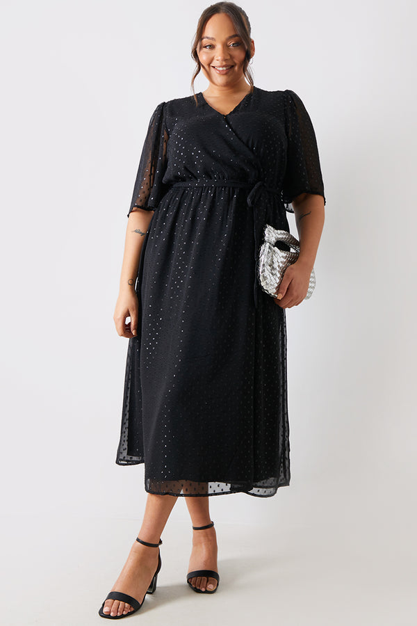 in the style In the Style Metallic Dobby Wrap Midaxi Dress With Flutter Sleeves Black