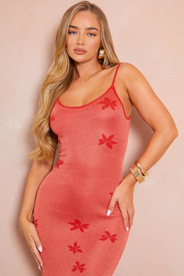 In The Style In The Style Metallic Floral Detail Knit Maxi Dress Orange