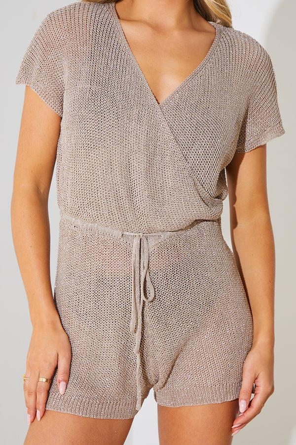 In The Style In The Style Metallic Knit Drawstring Playsuit Mocha
