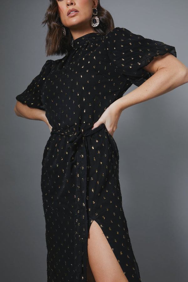 In The Style In The Style Metallic Polkadot Puff Sleeve Midi Dress Black