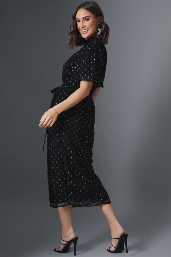 In The Style In The Style Metallic Polkadot Puff Sleeve Midi Dress Black