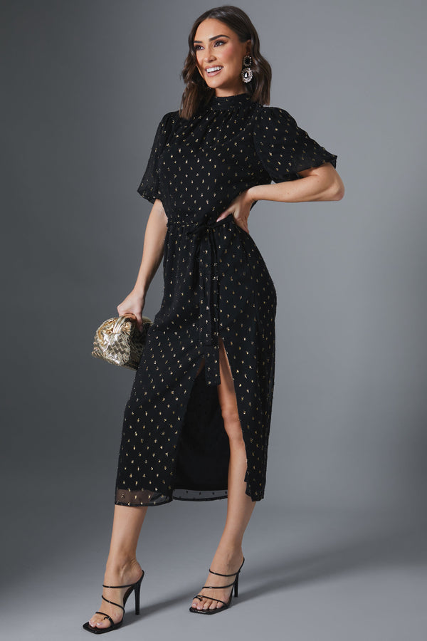 in the style In the Style Metallic Polkadot Puff Sleeve Midi Dress Black