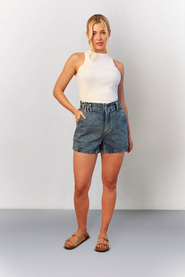 in the style In The Style Mid Blue Denim Paper Bag Shorts Mid blue
