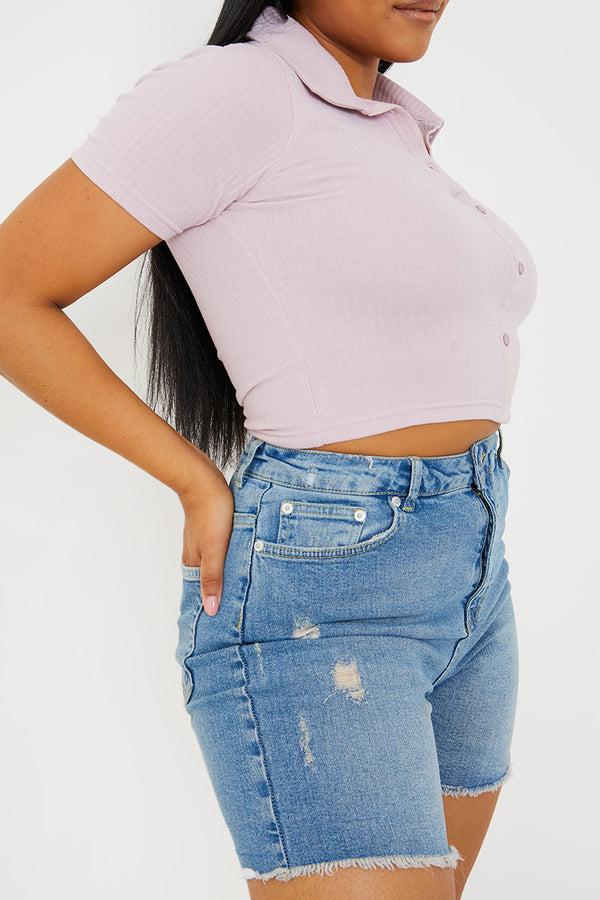 In The Style In The Style Mid Wash Ripped Denim Shorts Blue