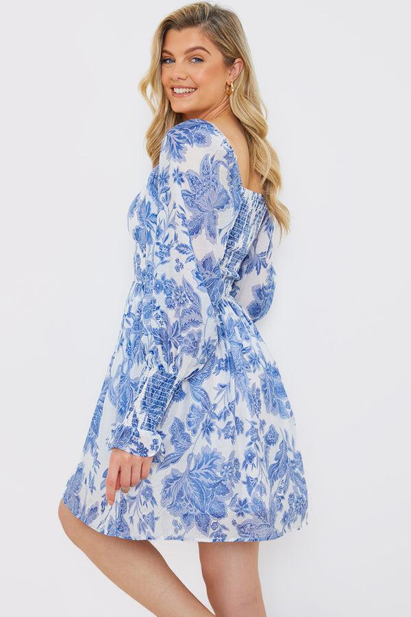 In The Style In The Style Milkmaid Shirred Cuff Mini Dress Blue