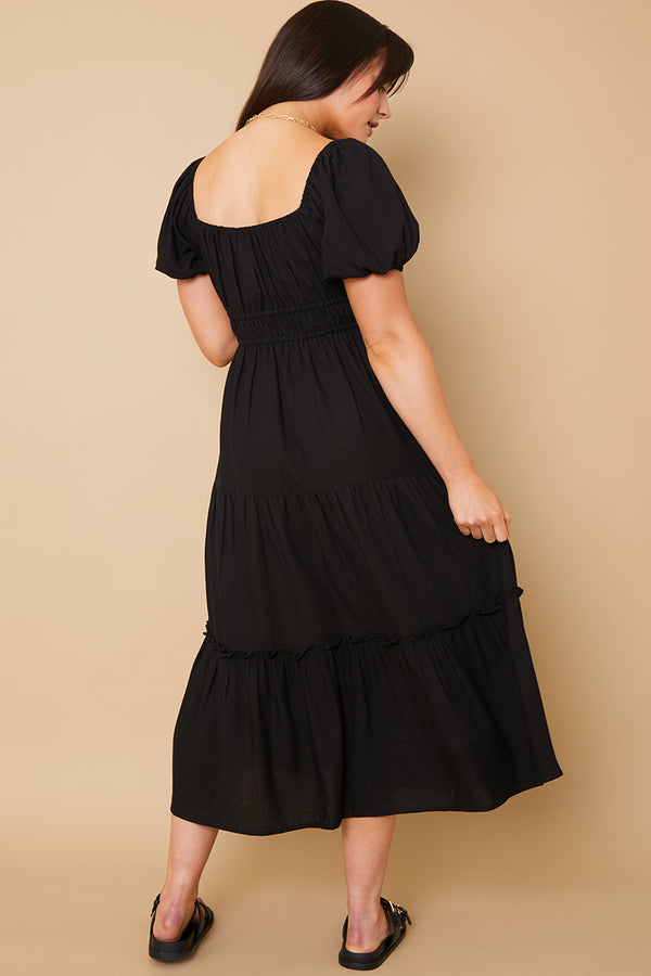 In The Style In The Style Milkmaid Tiered Linen Tie Detail Midi Dress Black