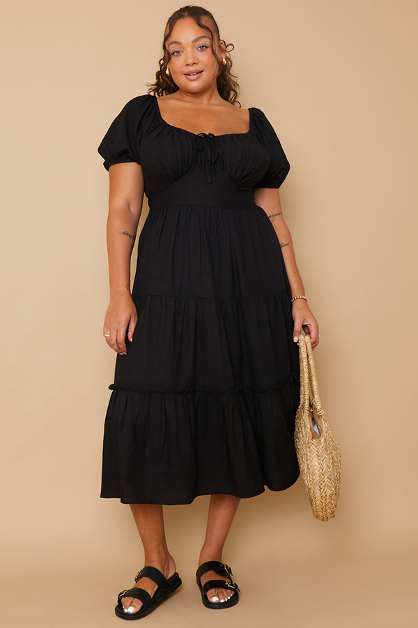 In The Style In The Style Milkmaid Tiered Linen Tie Detail Midi Dress Black