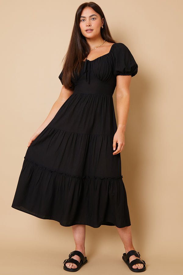 in the style In the Style Milkmaid Tiered Linen Tie Detail Midi Dress Black
