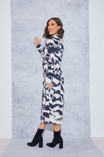 In The Style In The Style Monochrome Abstract Print Wrap Collared Midi Dress Nude