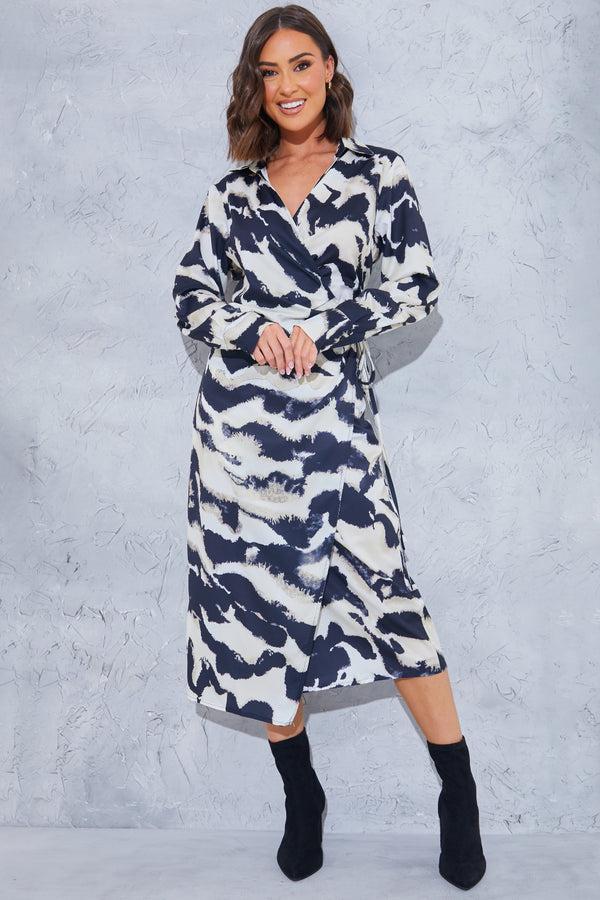 in the style In The Style Monochrome Abstract Print Wrap Collared Midi Dress Nude