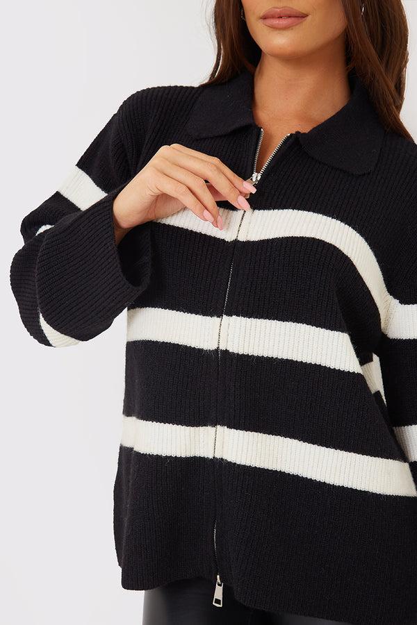 In The Style In The Style Monochrome Striped Collar Zip Through Jumper Monochrome