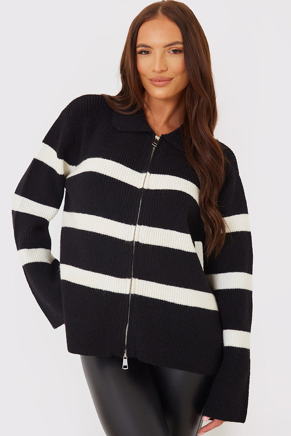 in the style In the Style Monochrome Striped Collar Zip Through Jumper Monochrome