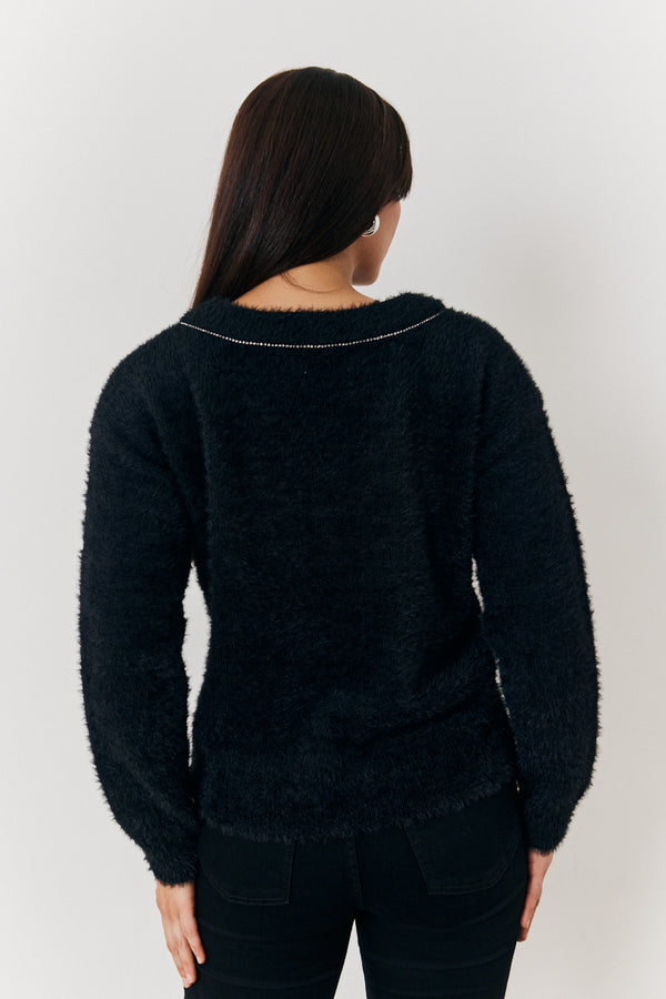 In The Style In The Style Mulitway Embellished Bow Detail Fluffy Knit Jumper Black