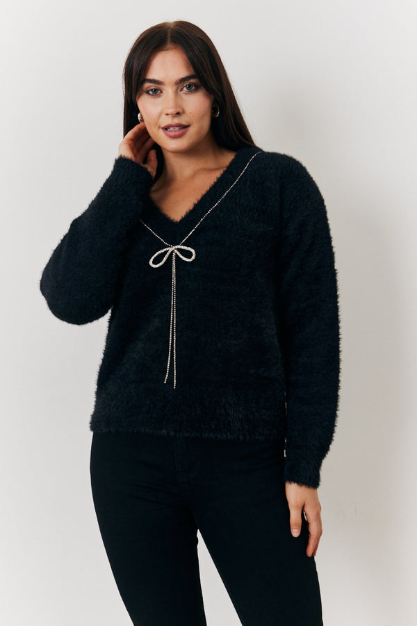 in the style In the Style Mulitway Embellished Bow Detail Fluffy Knit Jumper Black