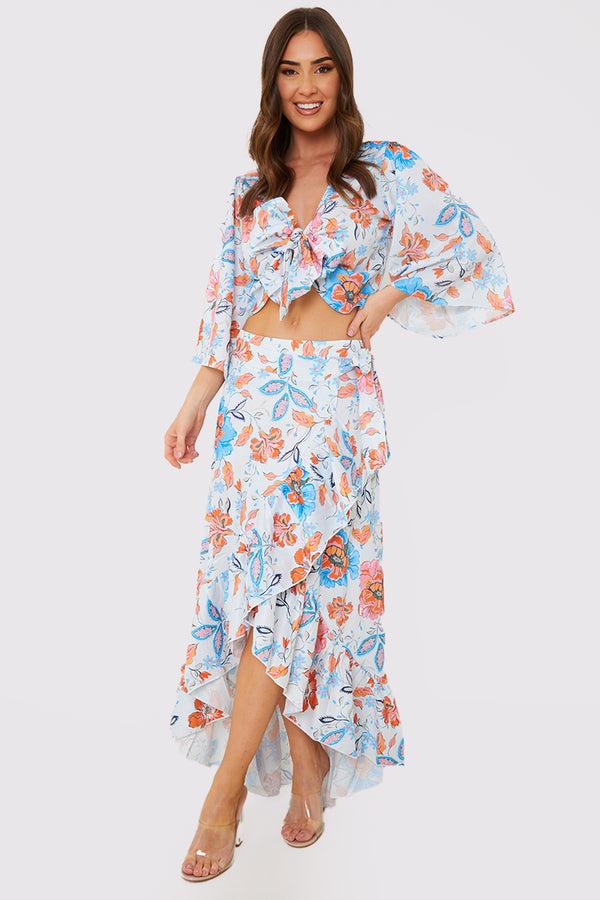 In The Style In The Style Multi Floral Tie Front Fluted Sleeve Crop Top Multi