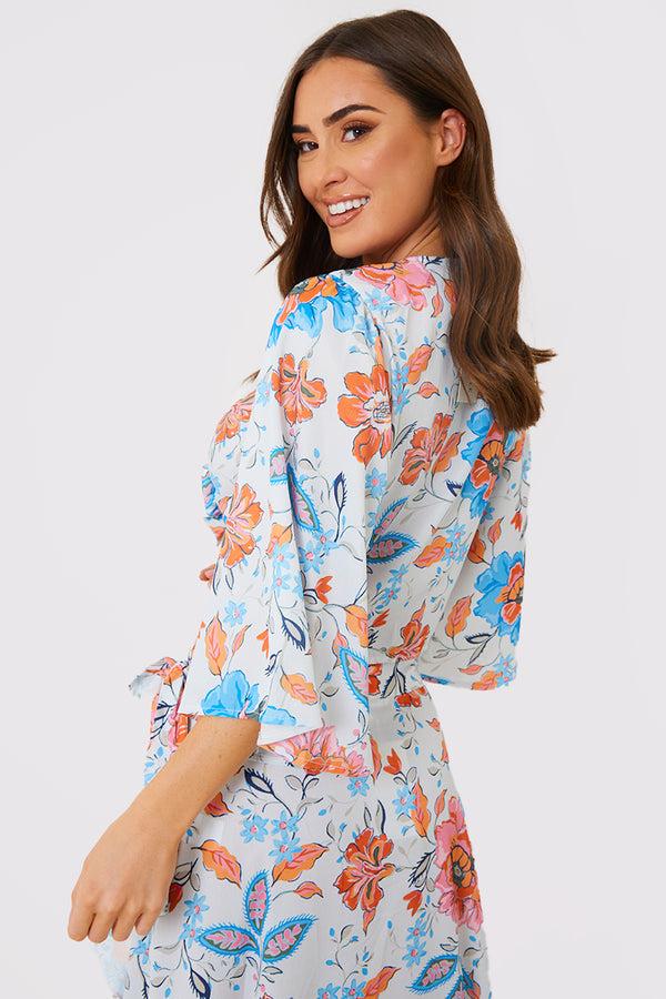 In The Style In The Style Multi Floral Tie Front Fluted Sleeve Crop Top Multi