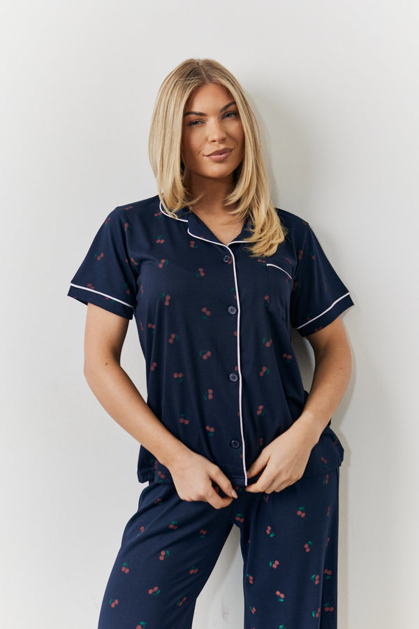 In The Style In The Style Navy Cherry Print Shirt And Trouser PJ Set Navy