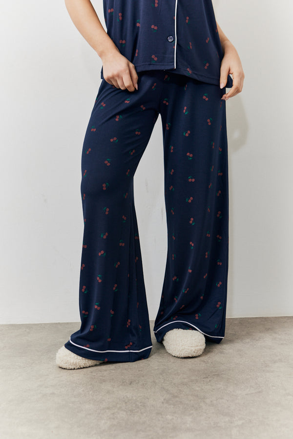 In The Style In The Style Navy Cherry Print Shirt And Trouser PJ Set Navy