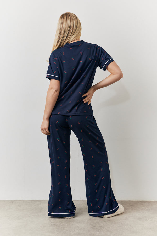 In The Style In The Style Navy Cherry Print Shirt And Trouser PJ Set Navy