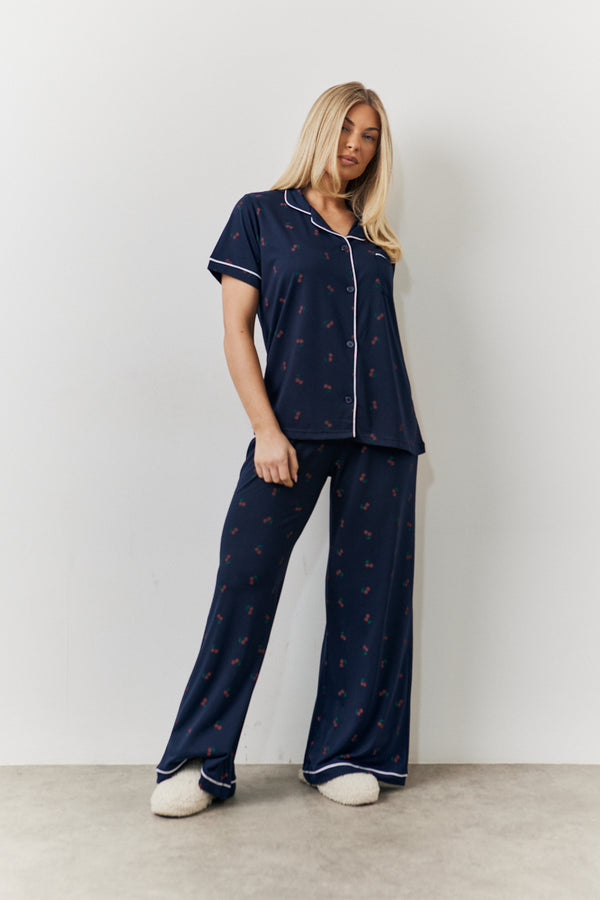 in the style In the Style Navy Cherry Print Shirt and Trouser PJ Set Navy